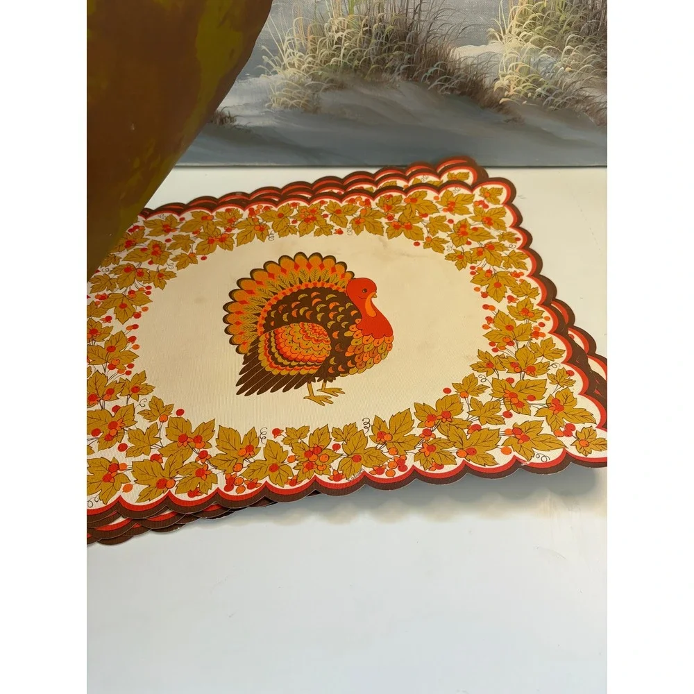 Vintage Thanksgiving Turkey Paper Placemats Set of 7 Scalloped Edge Harvest
